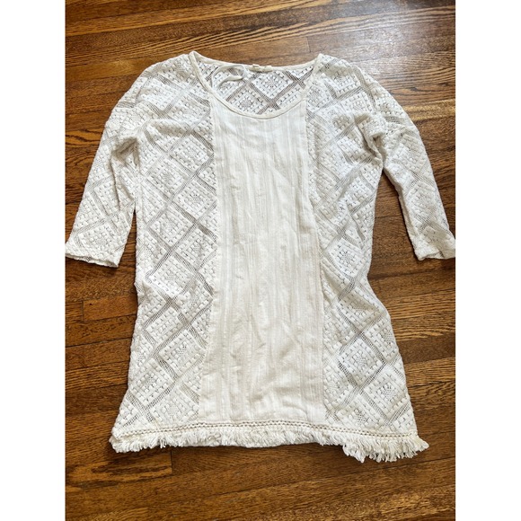 Roxy Dresses & Skirts - Roxy White Crochet Lace Fringe Mini Dress Boho 3/4 Sleeve with Slip Size M